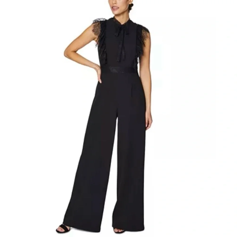 Betsey Johnson Black Lace Bow Tie Flutter Sleeve Wide Leg Sleeveless Jumpsuit